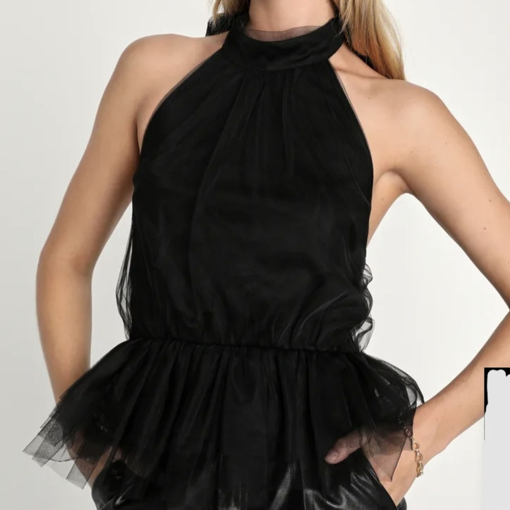 Lulus Fashionista Attitude Black Tulle Tiered Peplum Scarf Tie Halter Top Size S